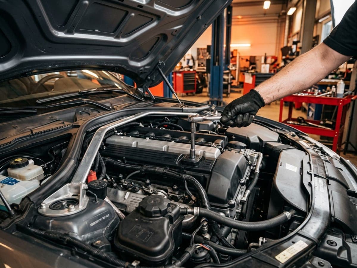 Gloved hand using a socket wrench on an engine under an open hood