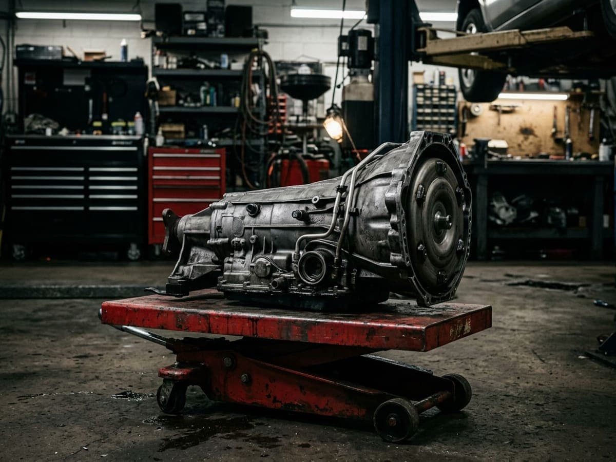 Automatic transmission assembly on a transmission jack in a workshop