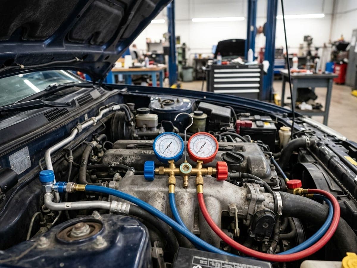 A/C manifold gauge set with blue and red hoses connected under an open hood