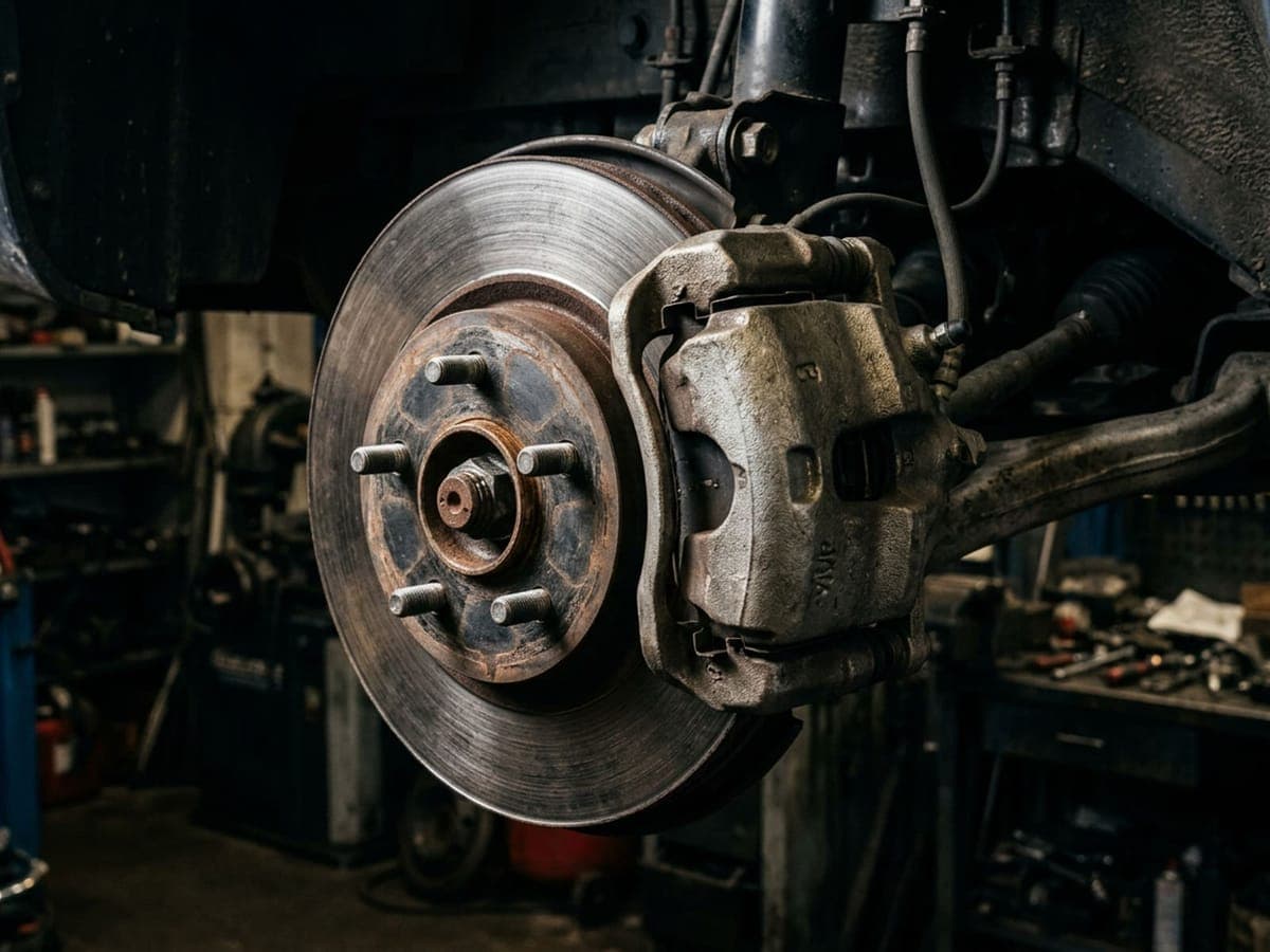 Brake rotor and caliper on a vehicle hub with the wheel removed