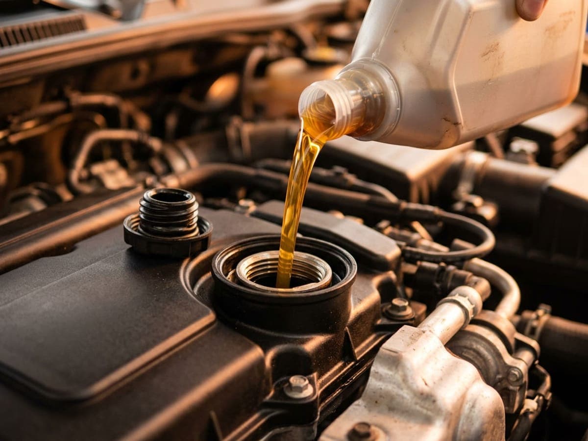 Fresh golden motor oil being poured into an engine oil filler port