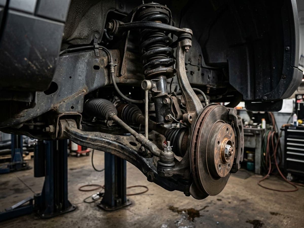 Front suspension with coil spring strut, control arm and steering knuckle on a lifted vehicle