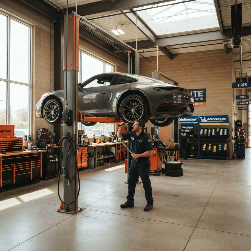 Inside the Hub Tire Shop service bay in Miami