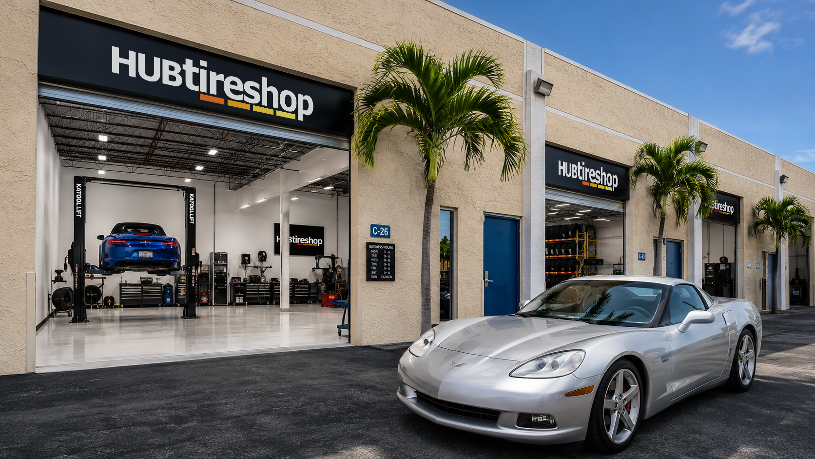 Hub Tire Shop storefront in Miami with open service bays and a car parked out front